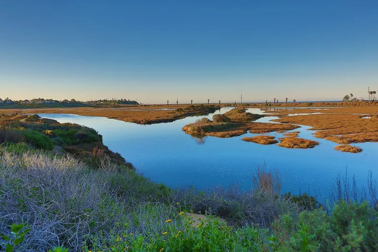San Elijo Lagoon at golden hour, the nature reserve where Annie's Canyon Trail starts